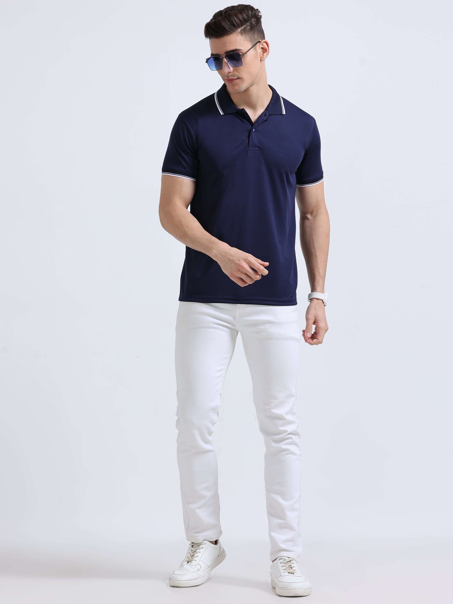PrimoKnit Dotcell Polo - Navy Blue with White Tipping