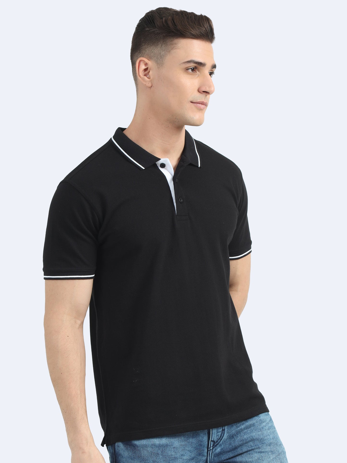 Biowashed Organic Polo - Black with White Tipping