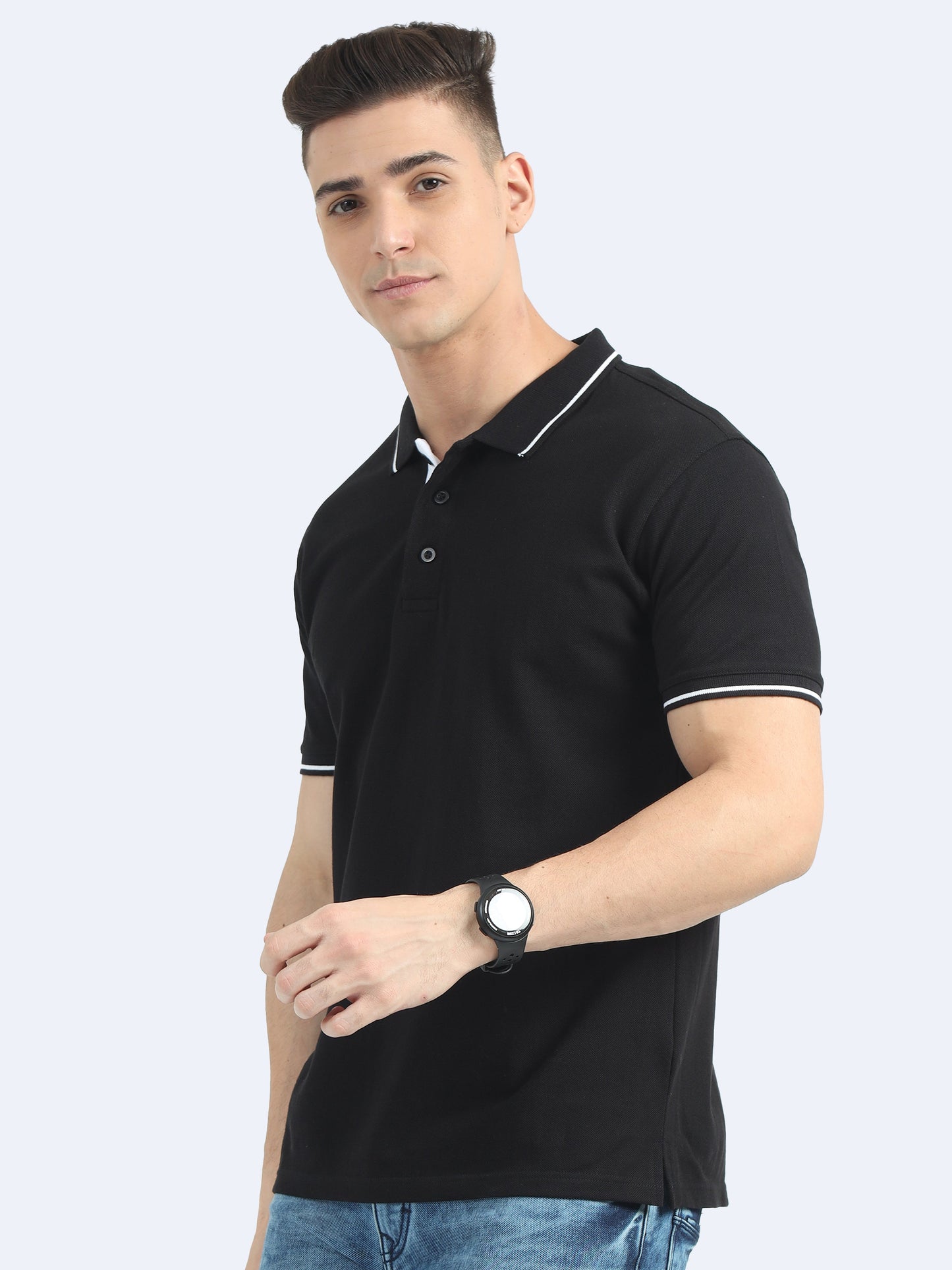 Biowashed Organic Polo - Black with White Tipping