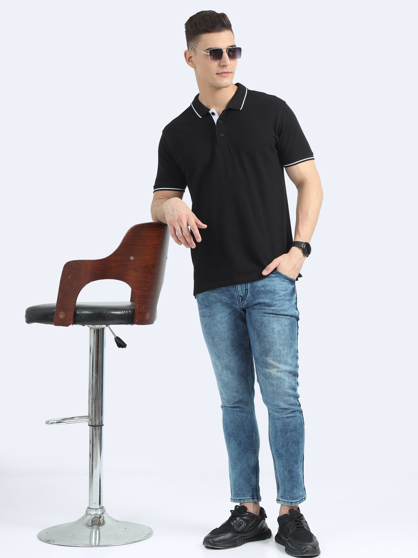 Biowashed Organic Polo - Black with White Tipping