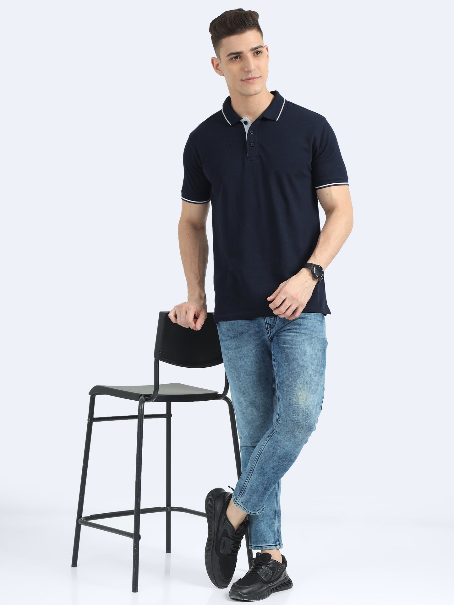 Biowashed Organic Polo - Navy Blue with White Tipping