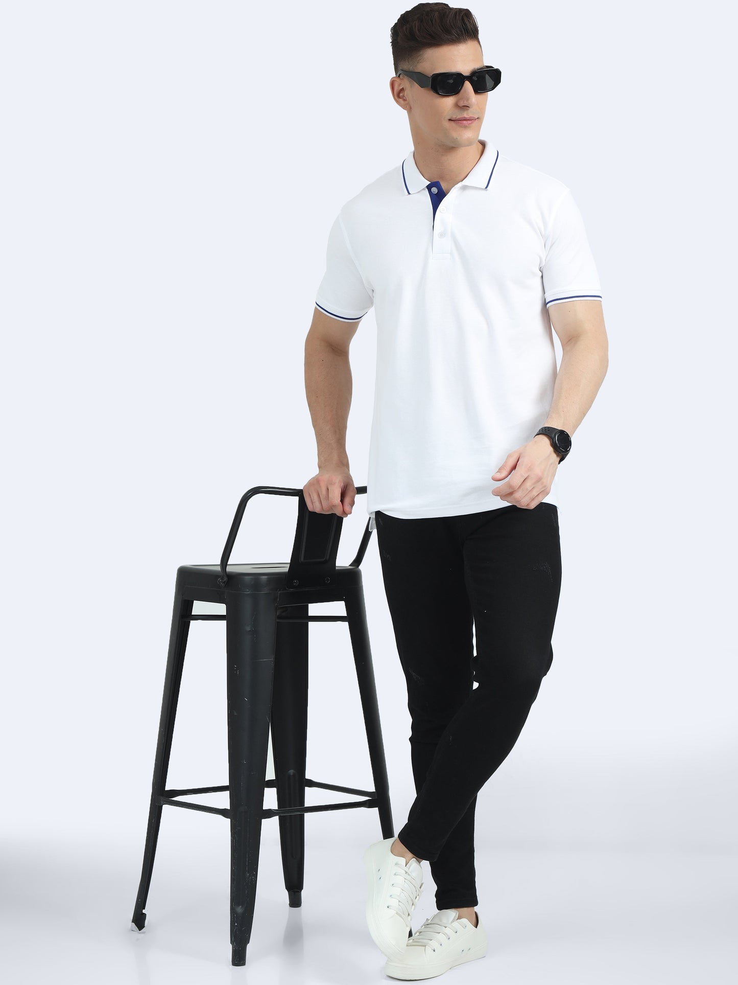 Biowashed Organic Polo - White with Blue Tipping