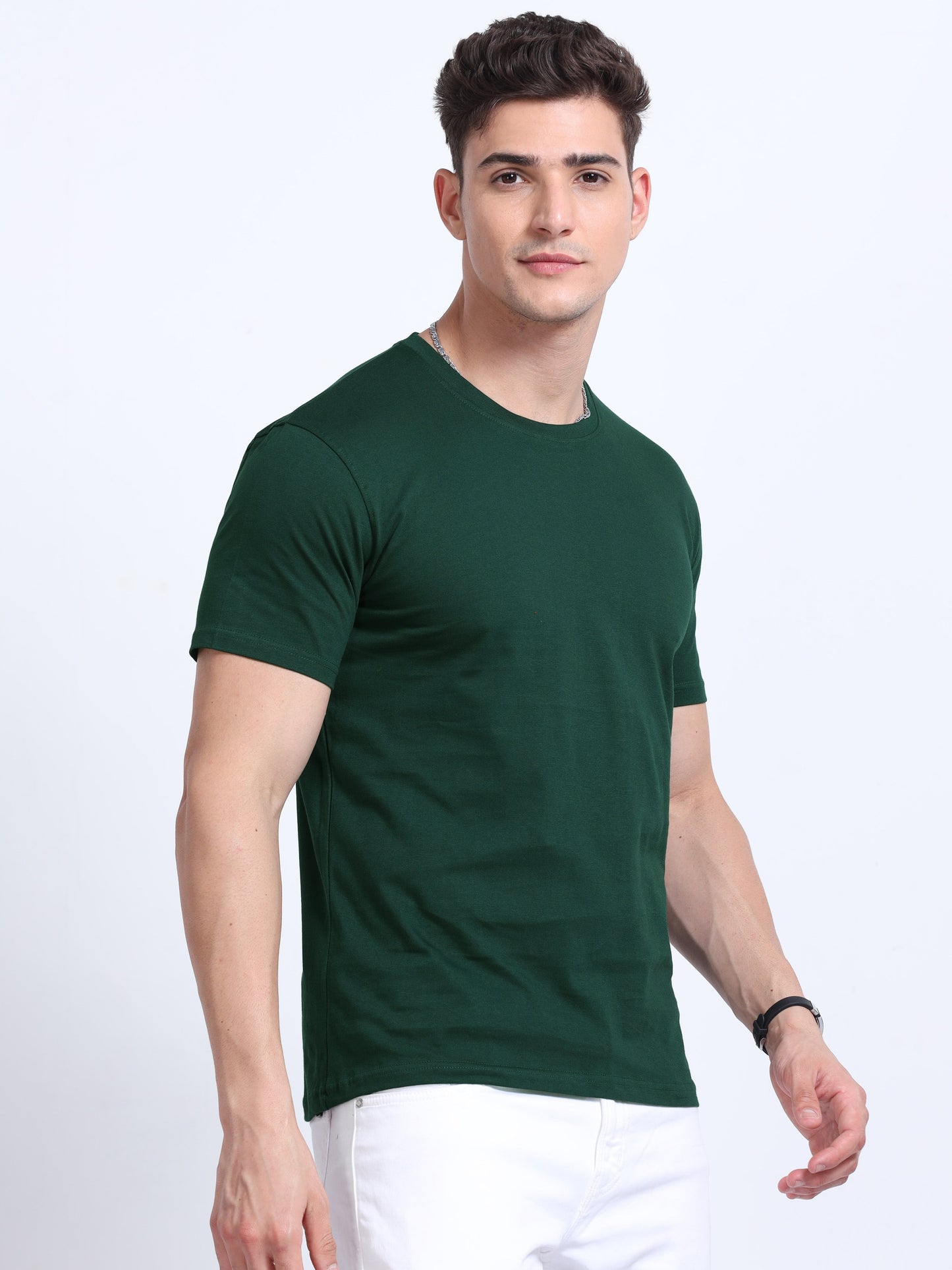 Biowashed Round Neck 100% Cotton Tshirt - Bottle Green