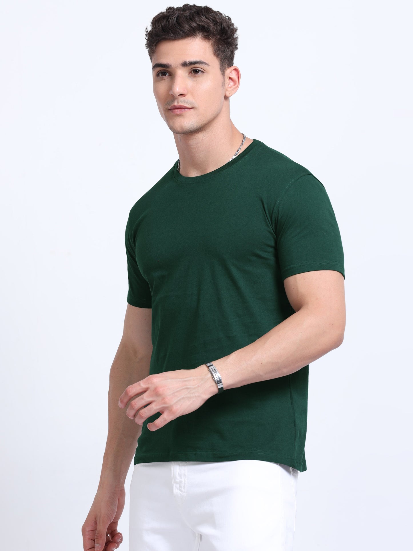 Biowashed Round Neck 100% Cotton Tshirt - Bottle Green