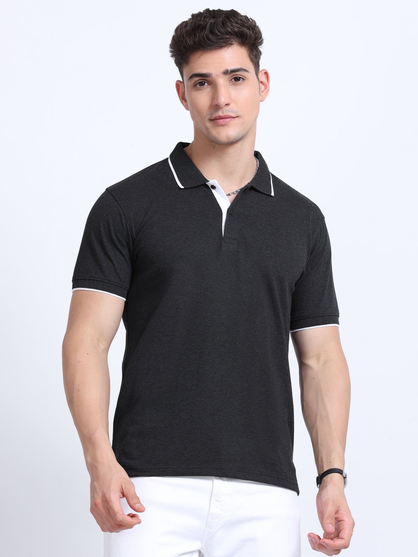 EcoBlend Polo Tshirts - Charcoal with White Tipping