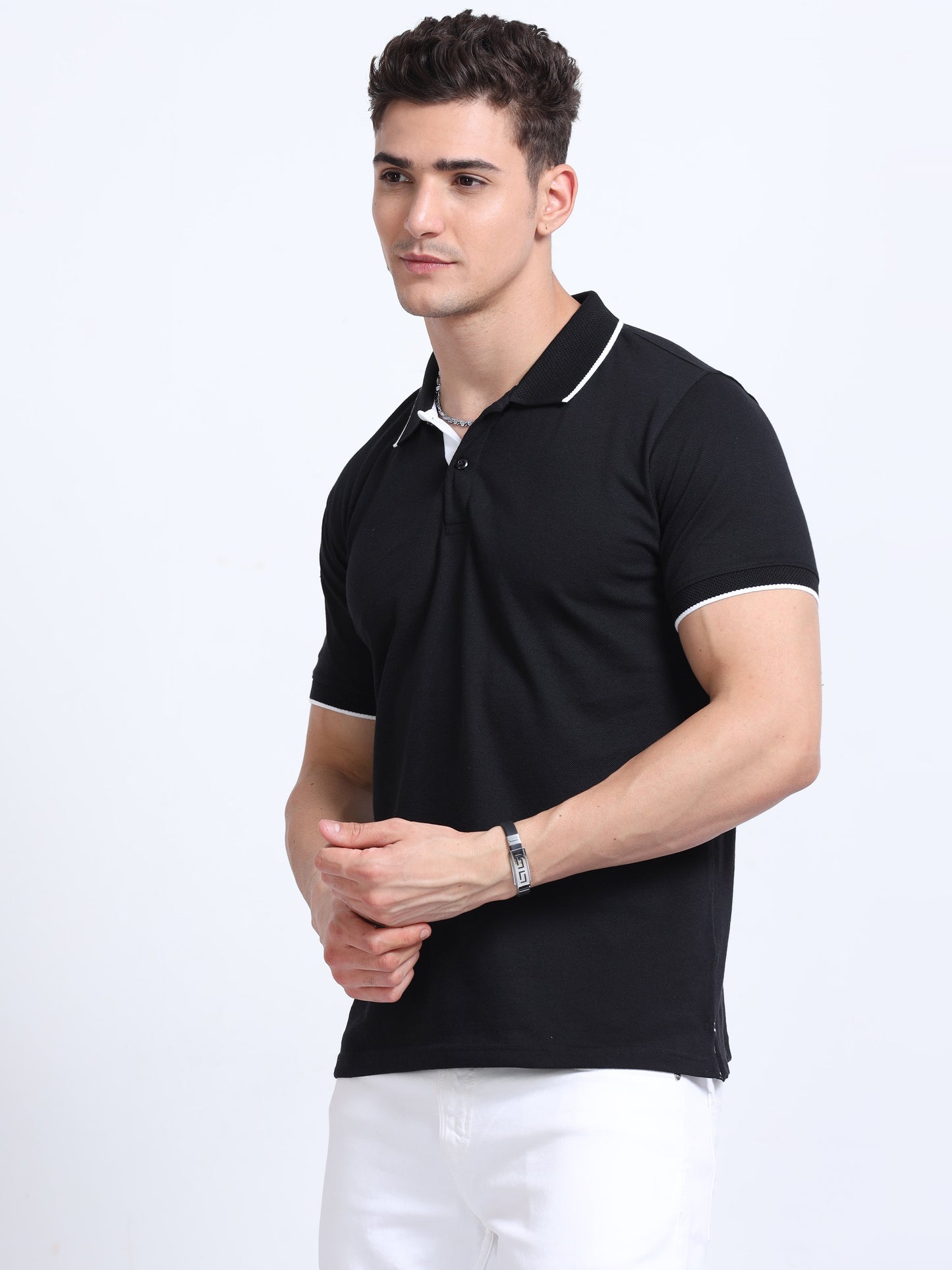 EcoBlend Polo Tshirts - Black with White Tipping
