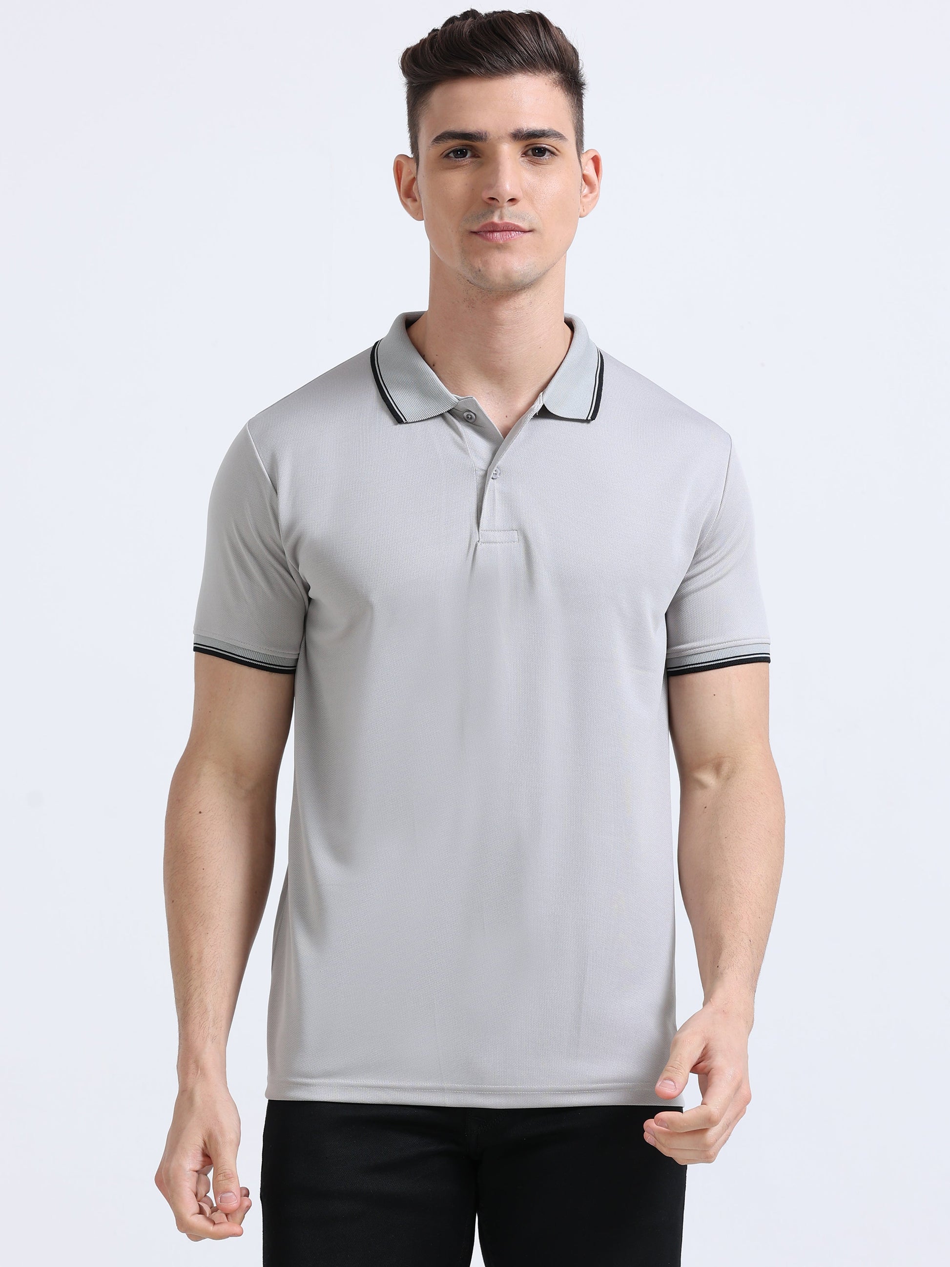 PrimoKnit Dotcell Polo - Light Grey with Black Tipping