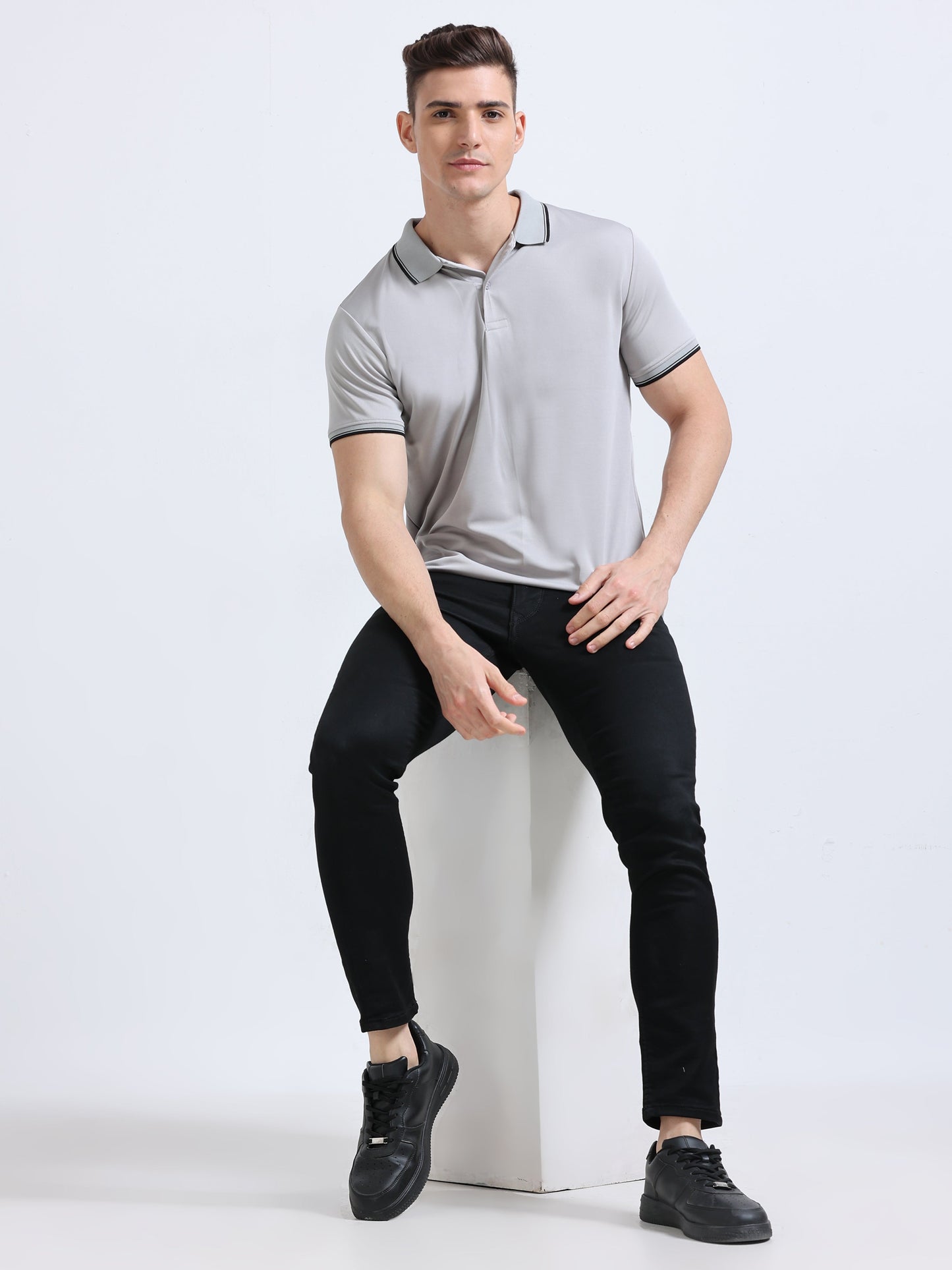 PrimoKnit Dotcell Polo - Light Grey with Black Tipping