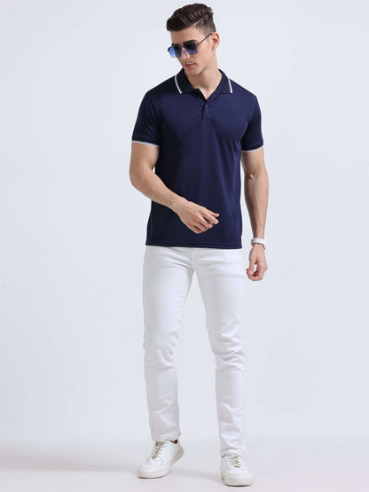 PrimoKnit Dotcell Polo - Navy Blue with White Tipping