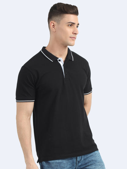 Biowashed Organic Polo - Black with White Tipping