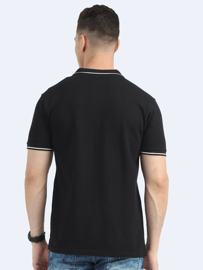 Biowashed Organic Polo - Black with White Tipping