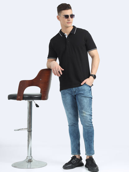 Biowashed Organic Polo - Black with White Tipping