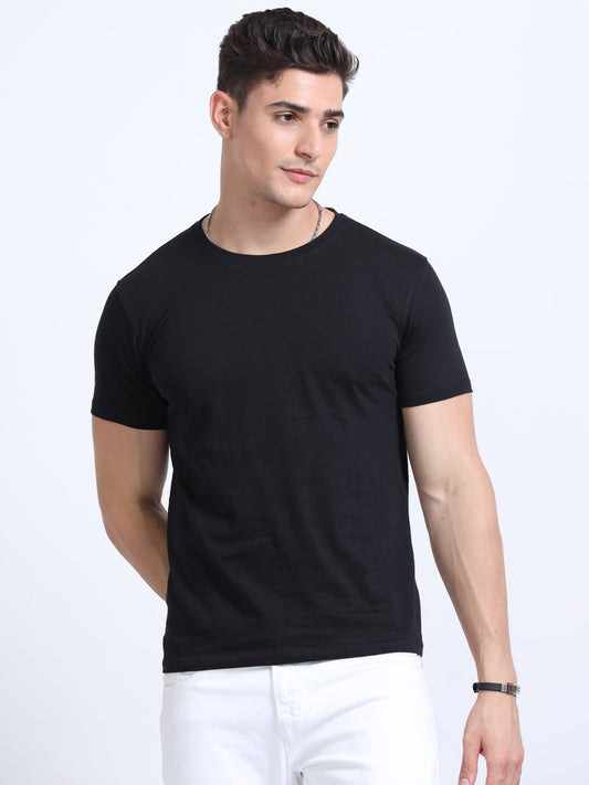 Biowashed Round Neck 100% Cotton Tshirt - Black