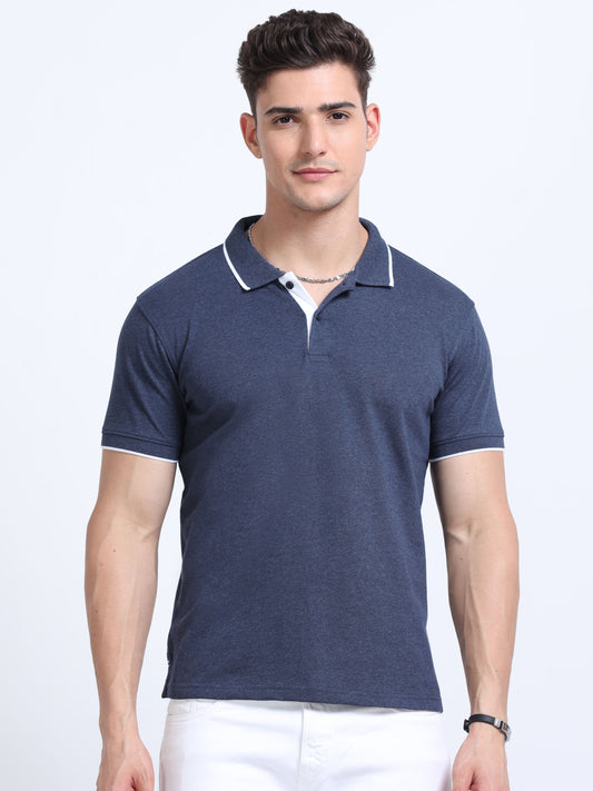 EcoBlend Polo Tshirts - Navy Melange with White Tipping