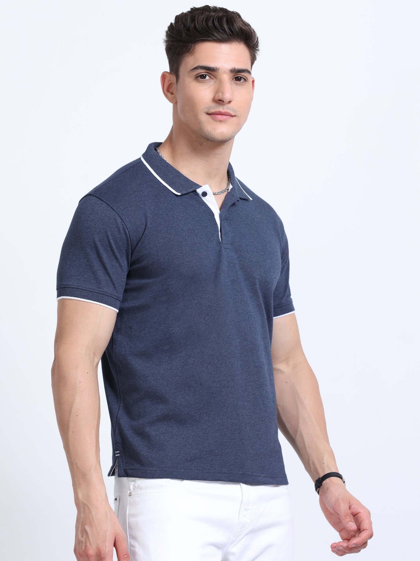 EcoBlend Polo Tshirts - Navy Melange with White Tipping