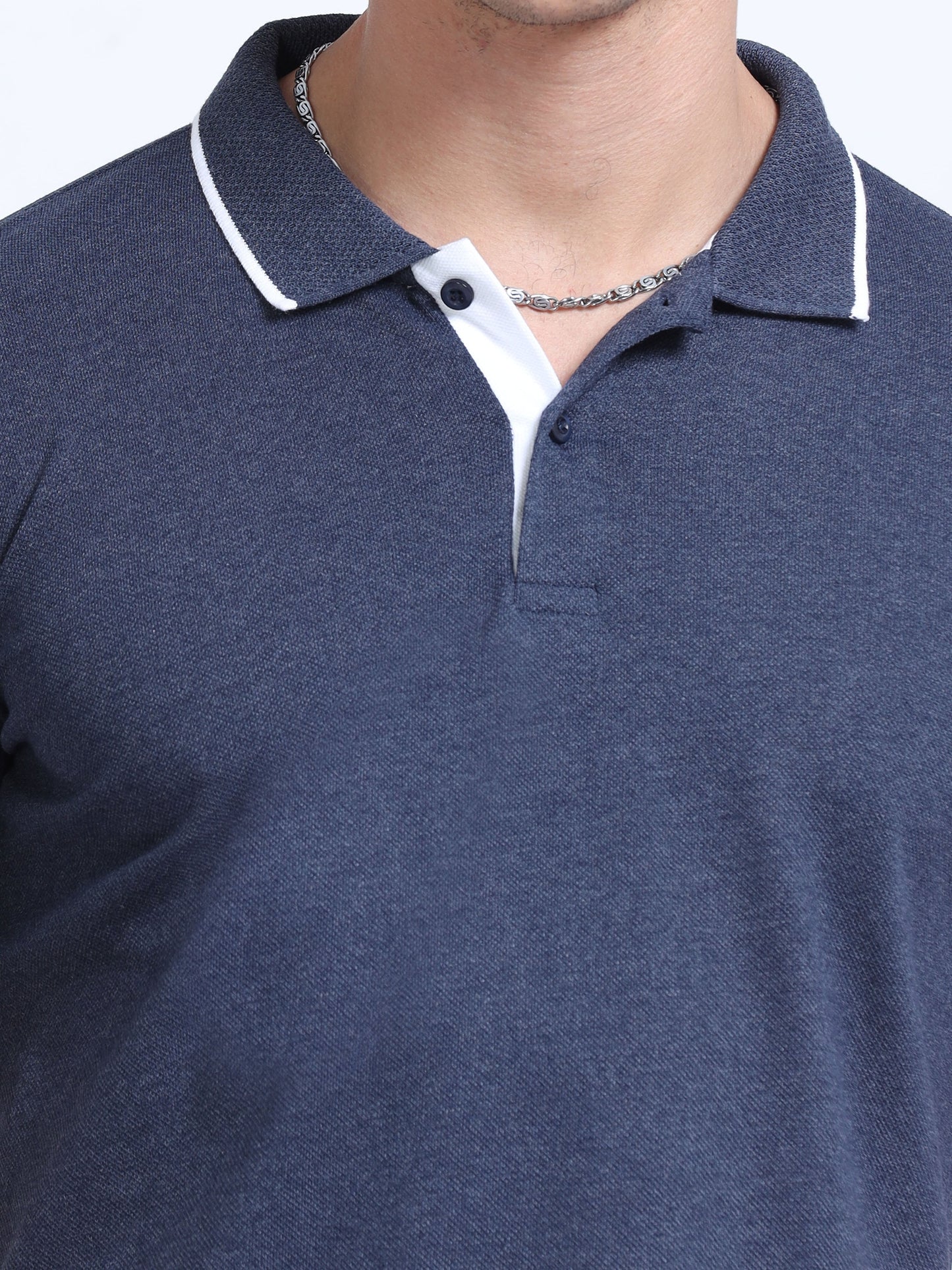EcoBlend Polo Tshirts - Navy Melange with White Tipping