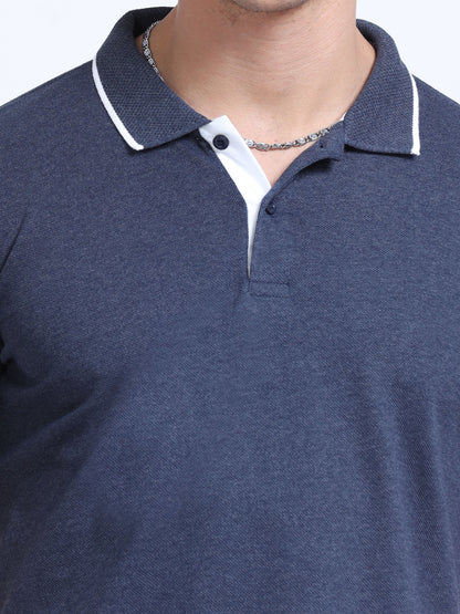 EcoBlend Polo Tshirts - Navy Melange with White Tipping