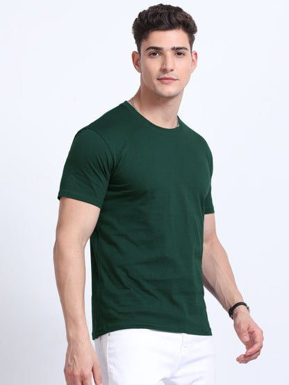Biowashed Round Neck 100% Cotton Tshirt - Bottle Green
