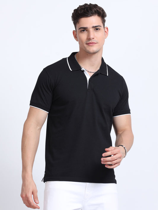EcoBlend Polo Tshirts - Black with White Tipping