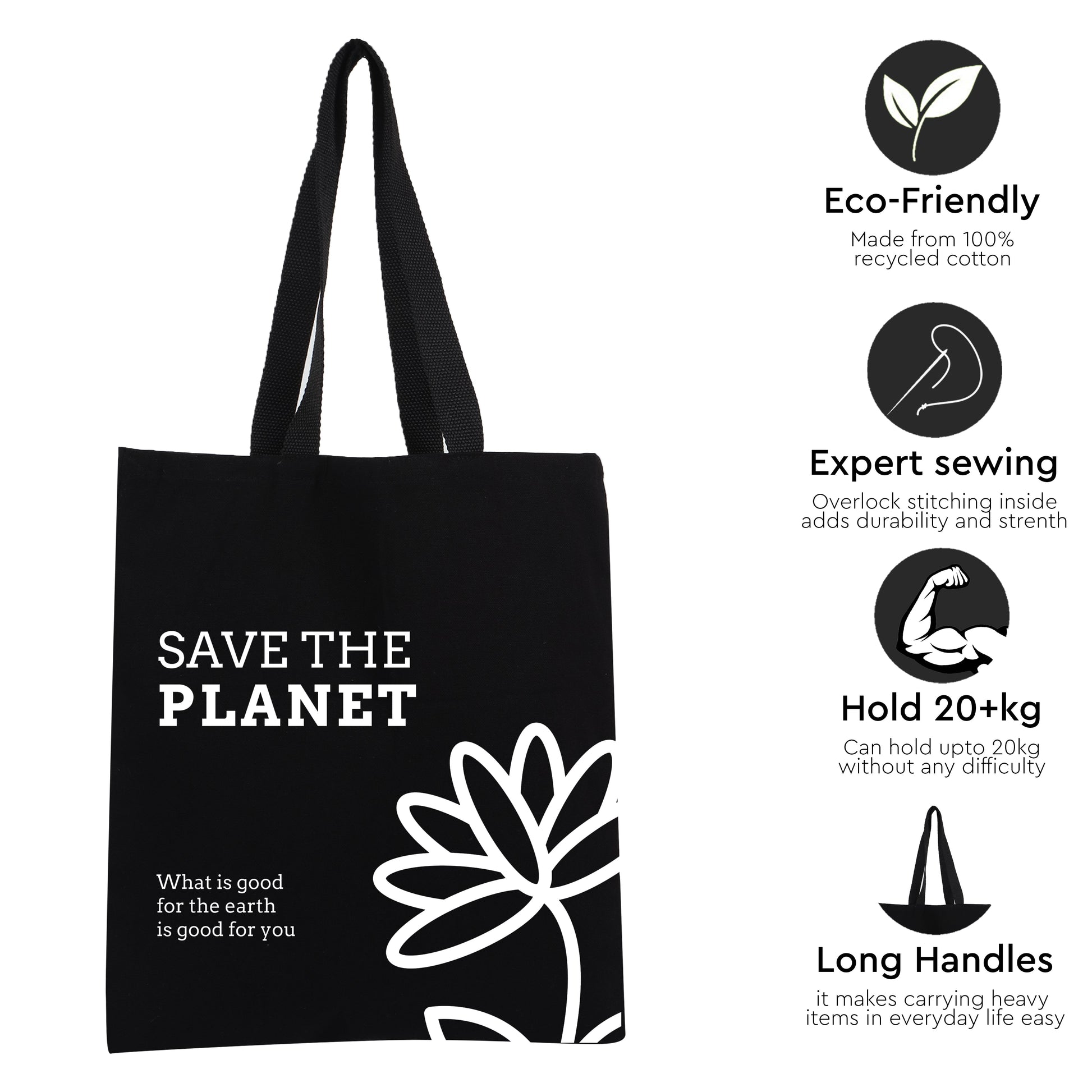 Canvas Cotton Black Bag - 16" x 14" - 300 GSM