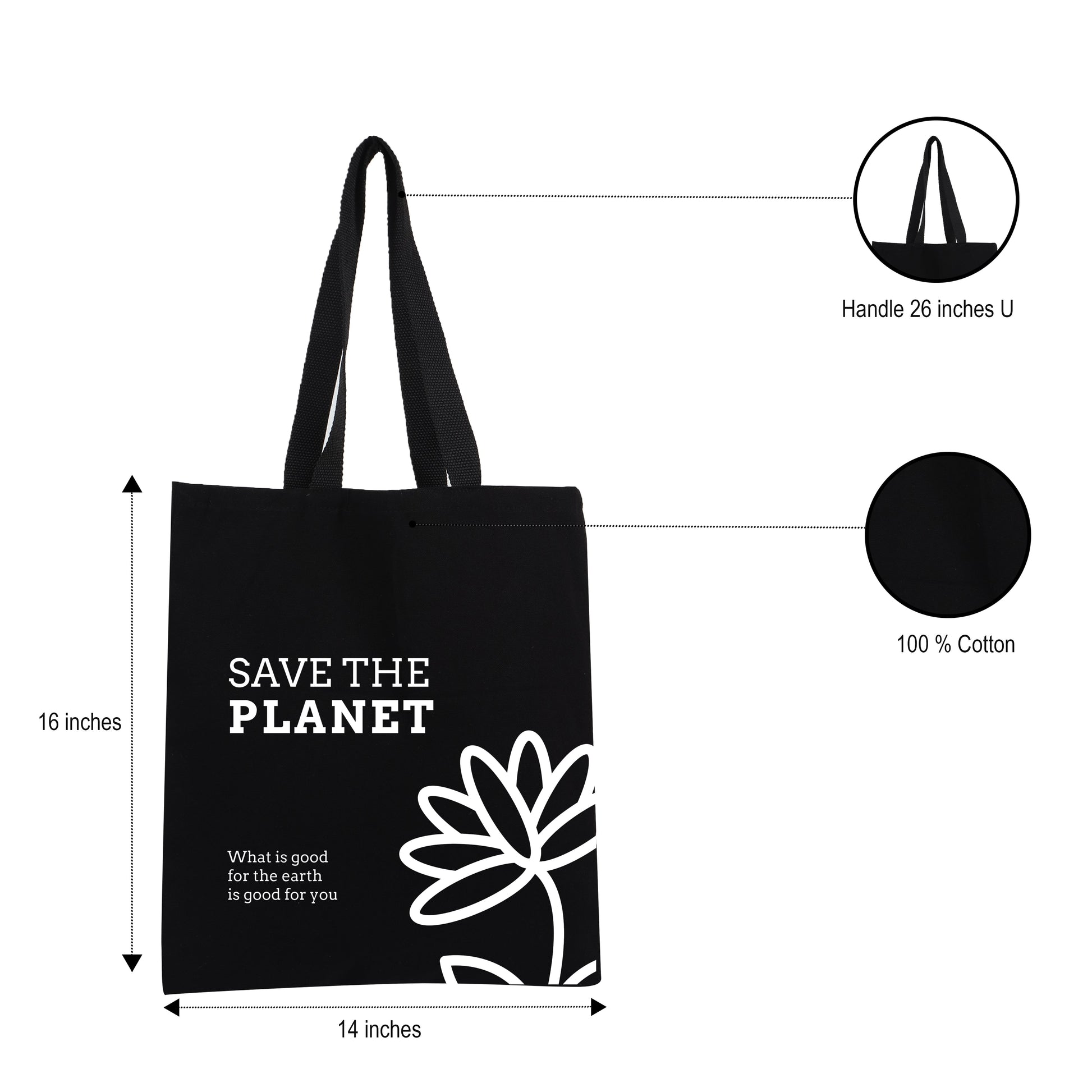 Canvas Cotton Black Bag - 16" x 14" - 300 GSM