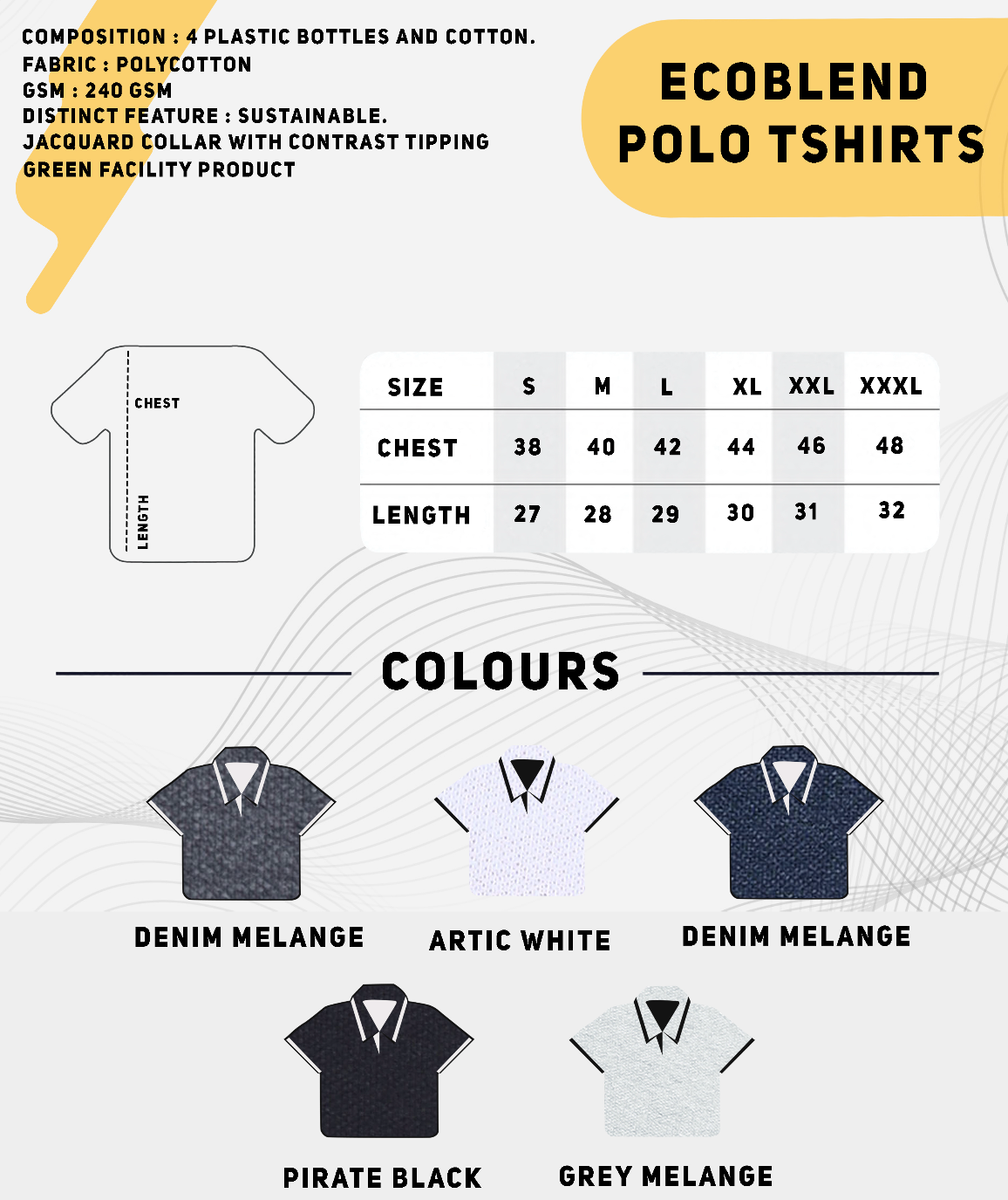 EcoBlend Polo Tshirts - Navy Melange with White Tipping